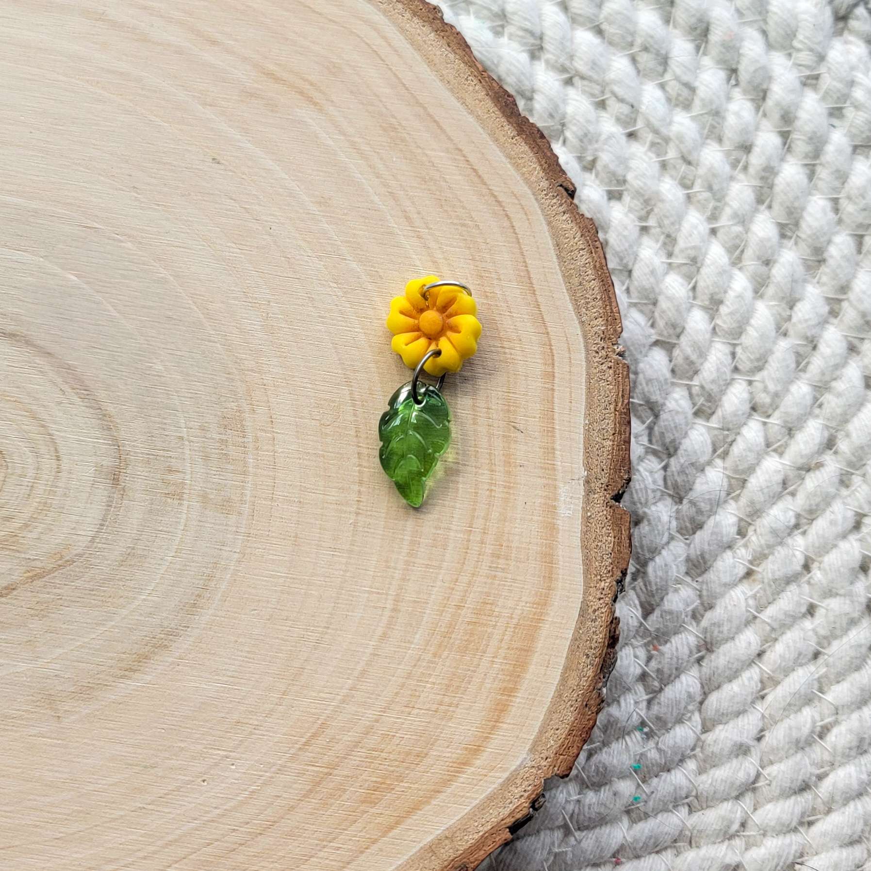 Small Yellow Flower With Glass Leaf Bead Clay Charm