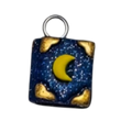 A small square charm with a silver-tone loop at the top, featuring a crescent moon design in yellow and blue with a textured pattern, set against a plain white background.